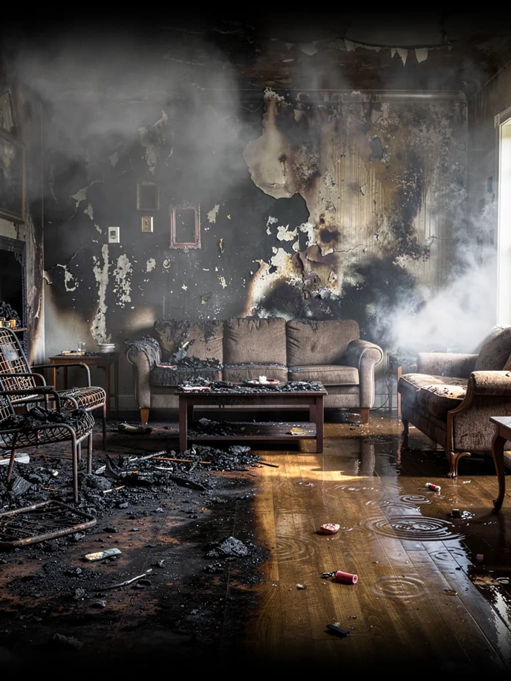 Fire and water damaged living room interior. Fire, water, and mold damage restoration in Philadelphia and the Delaware Valley.